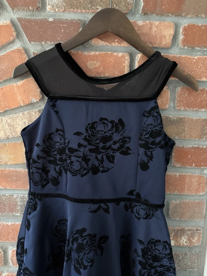 Vestido Zunie Niños Niñas Azul Marino Terciopelo Malla Flocada Fiesta Navidad Talla 14 Foto 3 de 4