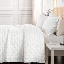 3-Piece Queen Quilt Set - Soft Warm Ultrasonic Reversible Pleated Ruffled Cov...