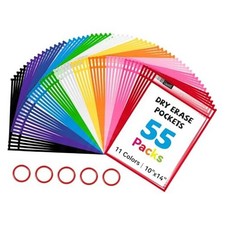 Pack Dry Erase Pockets with 5 Rings, 11 Assorted Colors 10x14 Oversized 55