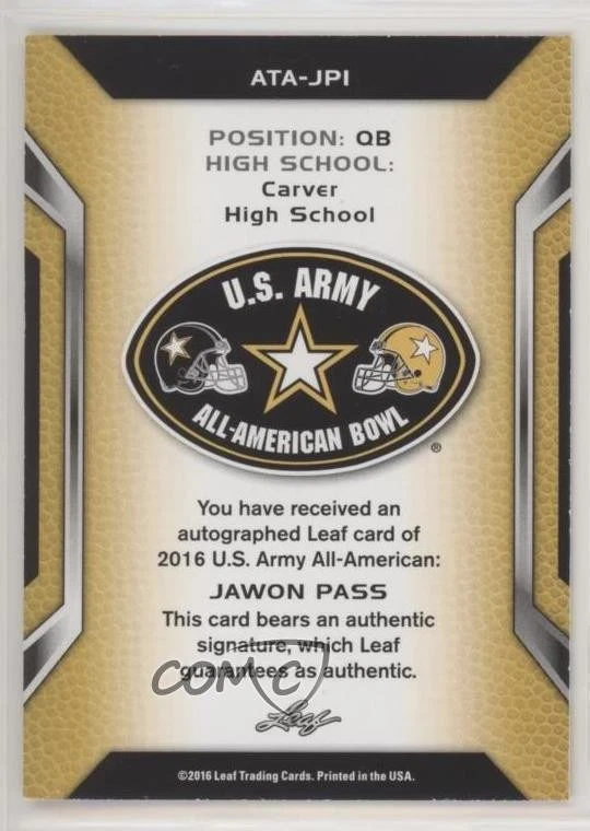 2016 Leaf US Army All-American Bowl Tour Yellow /10 Jawon Pass #ATA-JP1 Auto - Image 2 of 2