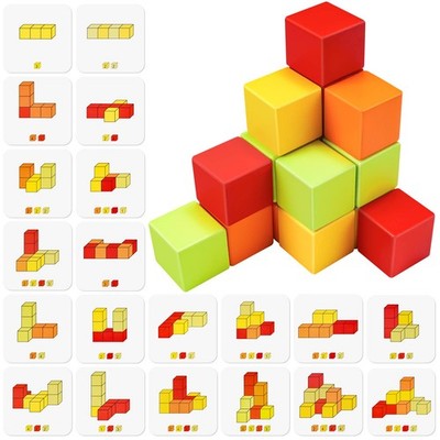Wooden Cube Toy 16PCS Building Blocks for Kids 40 Pattern Cards and Storage P...