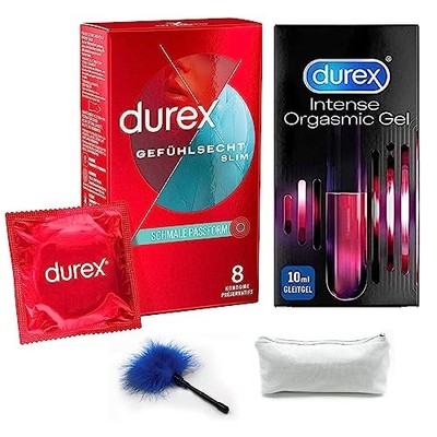 Durex aufregendes Erotik-Set mit Gefühlsecht Slim Fit Kondomen 10 Stück Intense