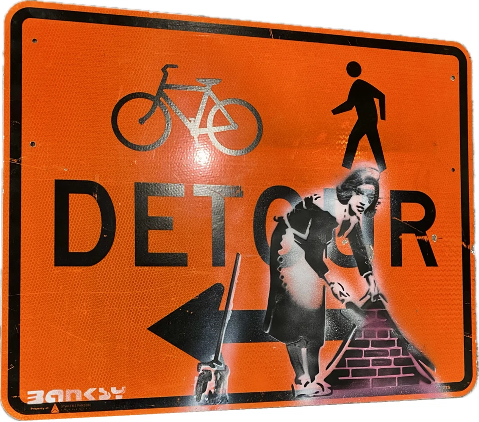 Pintura de letrero de calle Banksy graffiti arte pop criada barrerlo debajo de metal Foto 4 de 4