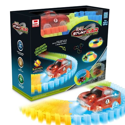  Glow-In The -Dark Rail Stunt Car 223 Pieces 4 Led Lights Glows as it Goes