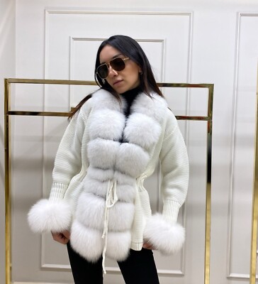 Knitwear Real Fox Fur Women Snow White Cardigan Standard Size Excellent Quality