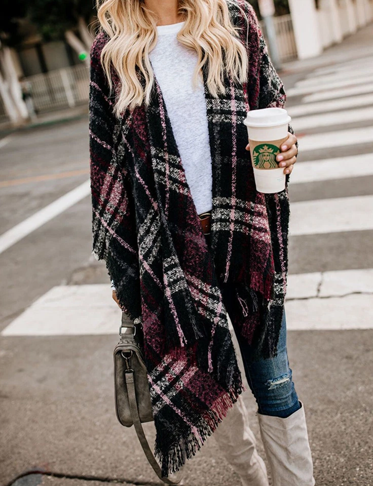 Women's Plaid Sweater Poncho Oversize Cape Coat Open Front Blanket Shawls Wraps  - Image 4 of 4