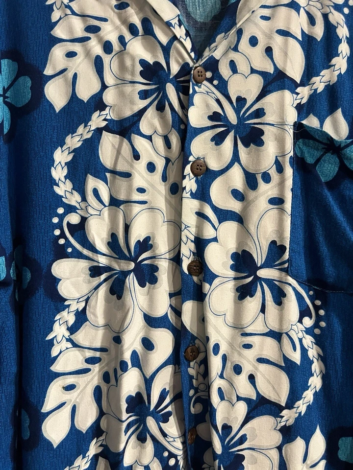 Camisa Hawaiana Vintage Onda Azul Blanco Azul Aqua Flores Talla Grande Foto 4 de 4