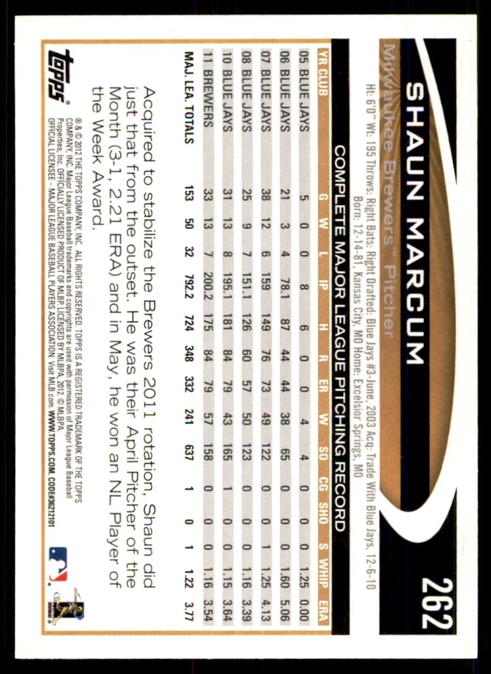 Tarjetas de béisbol 2012 Topps Shaun Marcum #262 Foto 2 de 2