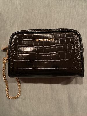 Michael Kors Croc Embossed Leather Wristlet Clutch Black With Gold 