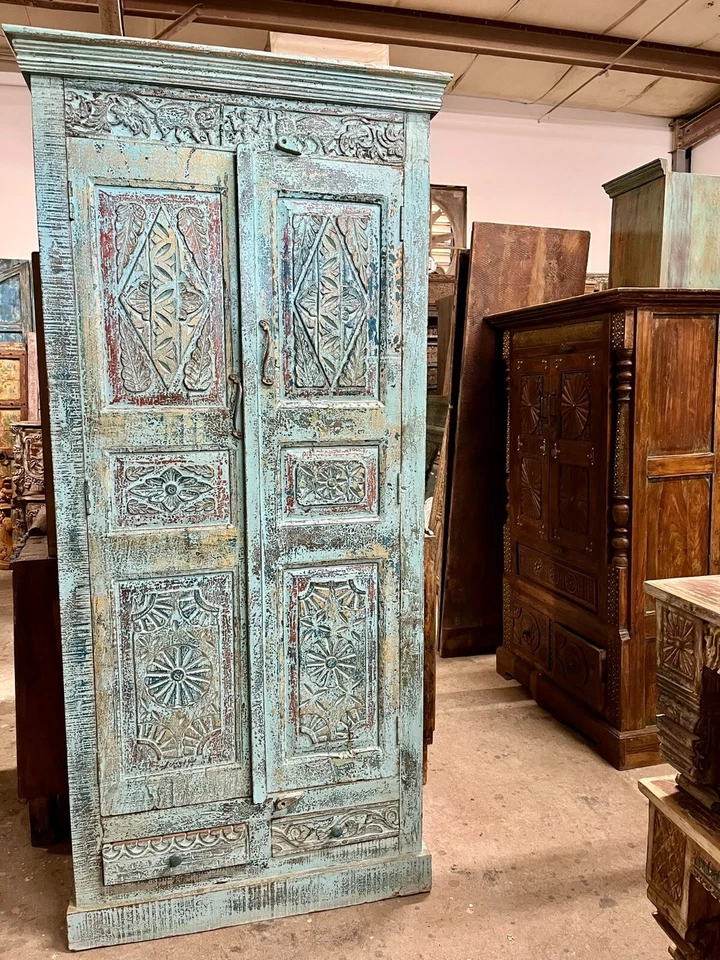 Antiguo armario indio tallado a mano azul floral rústico gabinete de granja 81x38 Foto 4 de 4