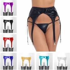 US Women's Shiny Belt Garter Four Metal Straps Clips Suspender High Stockings