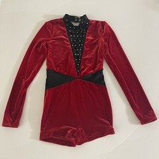 Weissman Dance Costume Red Stretch Velvet Biketard LC 14 Style 11037 Gem Studded