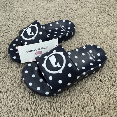 Vineyard Vines Slides Girls 10/11 Navy Polka Dot Whale Logo Poolside Sandal NWT
