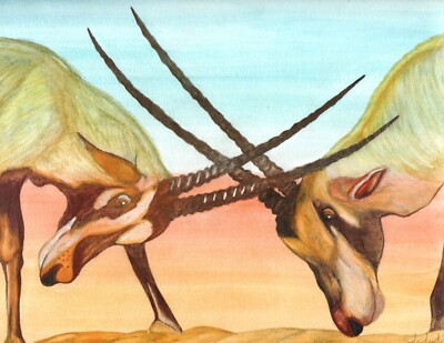 Arabian Oryx Duel, an original watercolor painting by prison inmate artist 444