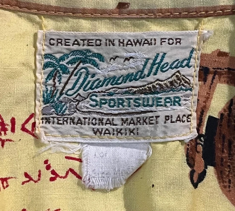 Vtg 60's Hawaiian Shirt Diamond Head sz L Yellow Loop Collar Oriental Lanterns - Image 4 of 4