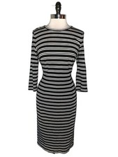 ANN TAYLOR Size L Sheath Dress Black White Stripes 3/4 Sleeve Ponte Knit Stretch