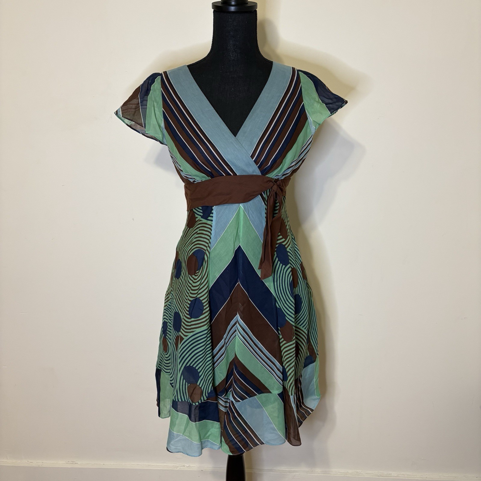 BCBGMAXAZRIA Brown Green Teal Blue A-Line Dress XS Size 0 Boho Y2K Does 70s