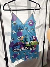 Women’s Blue Purple White Logo Print V-Neck Spaghetti Strap Short Slip Dress