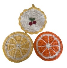 Set of 3 Handmade Hand Crocheted Potholders Hot Pads Trivets Lemon Orange Cherry