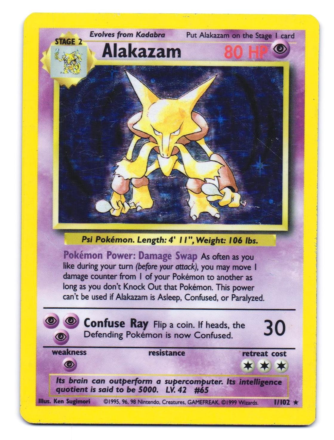 Alakazam 1/102 Holo Rare Base Set Unlimited Pokemon HP