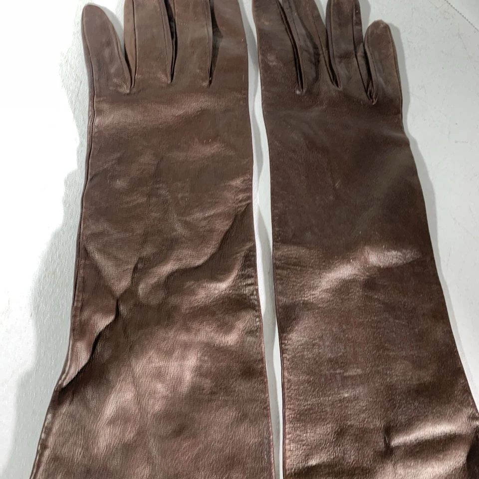 Guantes formales largos de cuero suave vintage marrón chocolate para mujer talla 7 Foto 3 de 4