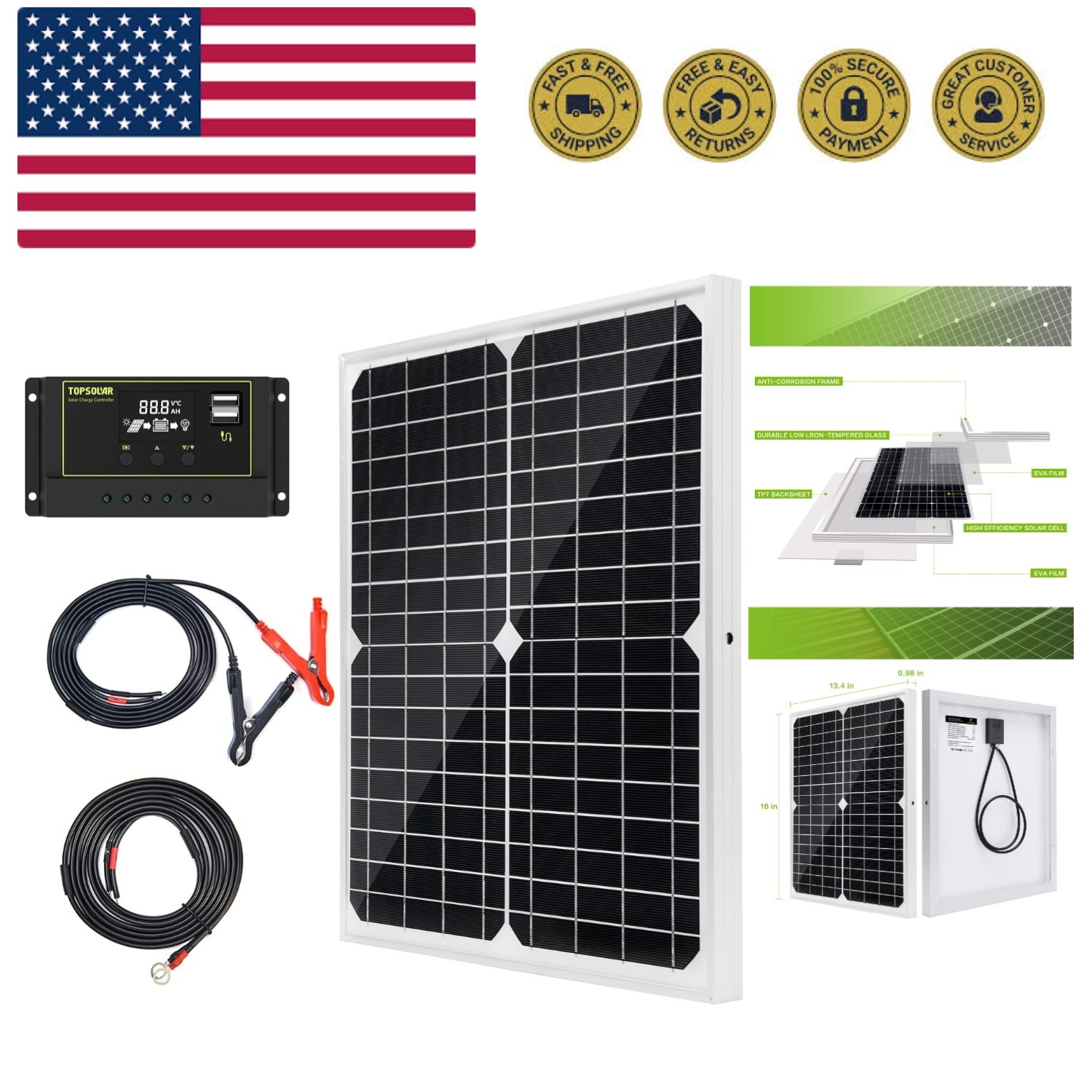 Solar Panel Kit 20W 12V Monocrystalline with 10A Solar Charge Controller + Ex...