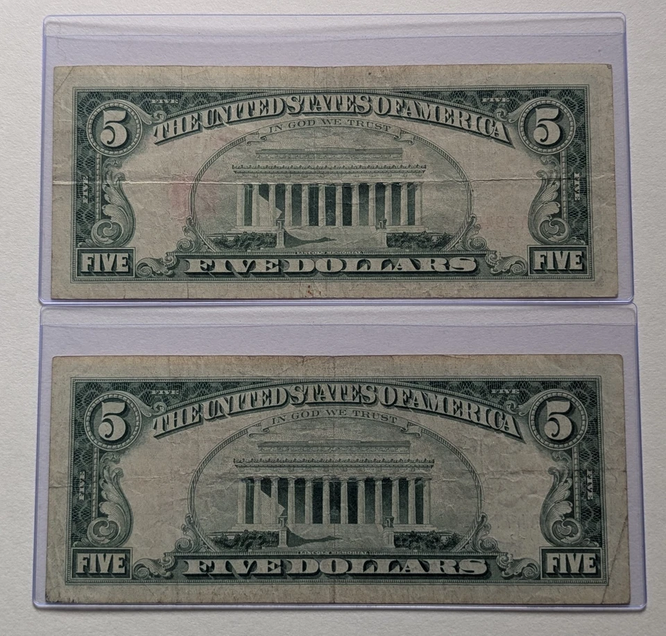 US Two, Five Dollars Bills, 1963, $5 Bills, Red Seal, Light Bleed Through  - Image 2 of 4