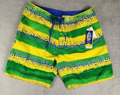 AFTCO Do Ray Me Green Yellow Swim Board Shorts Mens 40 Tackle Co Pockets Surf