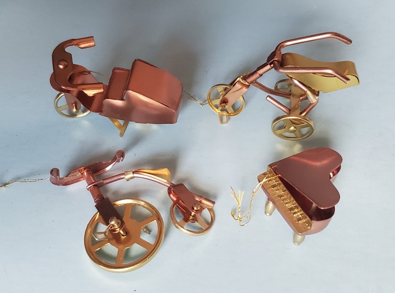 Vtg Lot of 4 Mini Brass & Copper Xmas Ornaments - bike, trike, scooter, piano