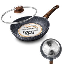 Non-Stick Frying Pan with Lid 28cm | Granite Coated Induction Compatible- Houszy