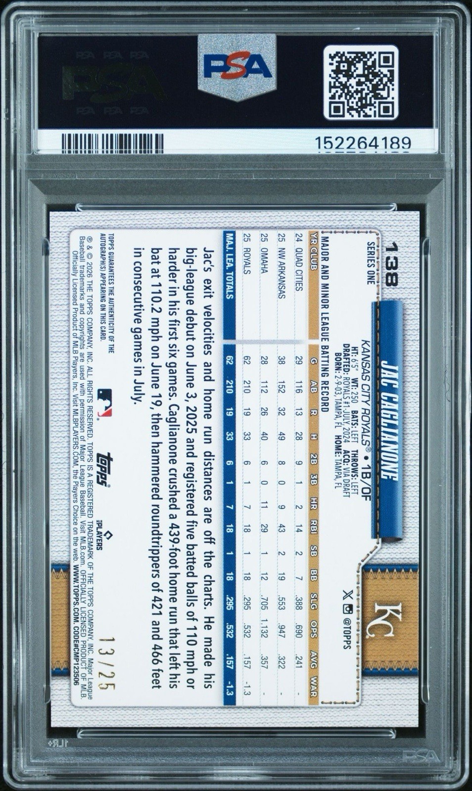 Topps 2026 Jac Caglianone Royals RC Auto Orange Foil /25 #138 PSA 9 Auto 10 view 2