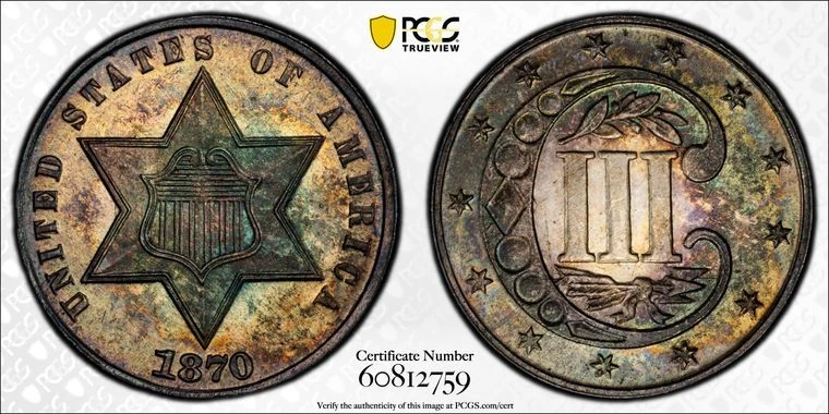 1870 3CS THREE CENT SILVER PCGS MS65