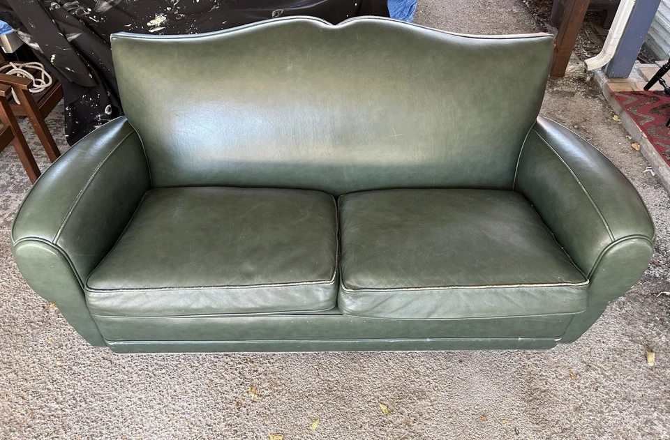 "Sofá y silla de sofá MCM vintage de cuero genuino verde oscuro de 80""" Foto 4 de 4