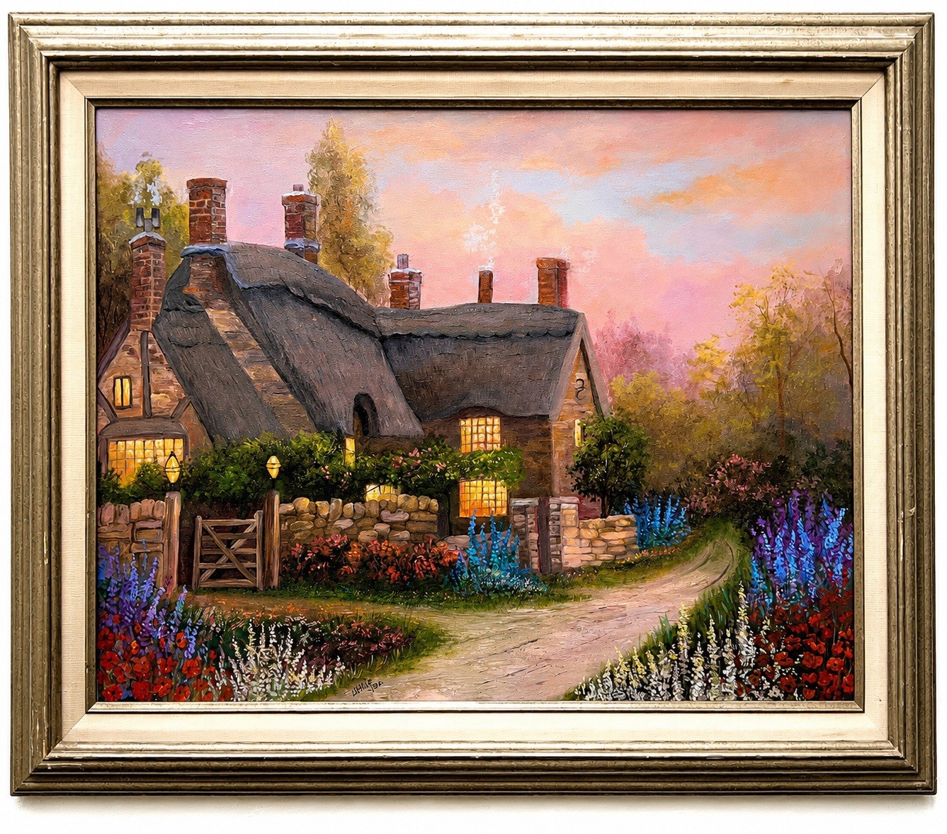 Large Vintage Original Cottage Landscape Oil Painting Framed English Garden