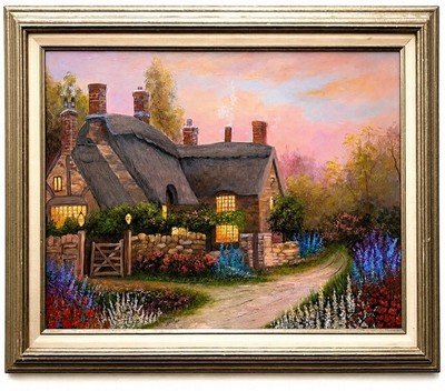 Large Vintage Original Cottage Landscape Oil Painting Framed English Garden