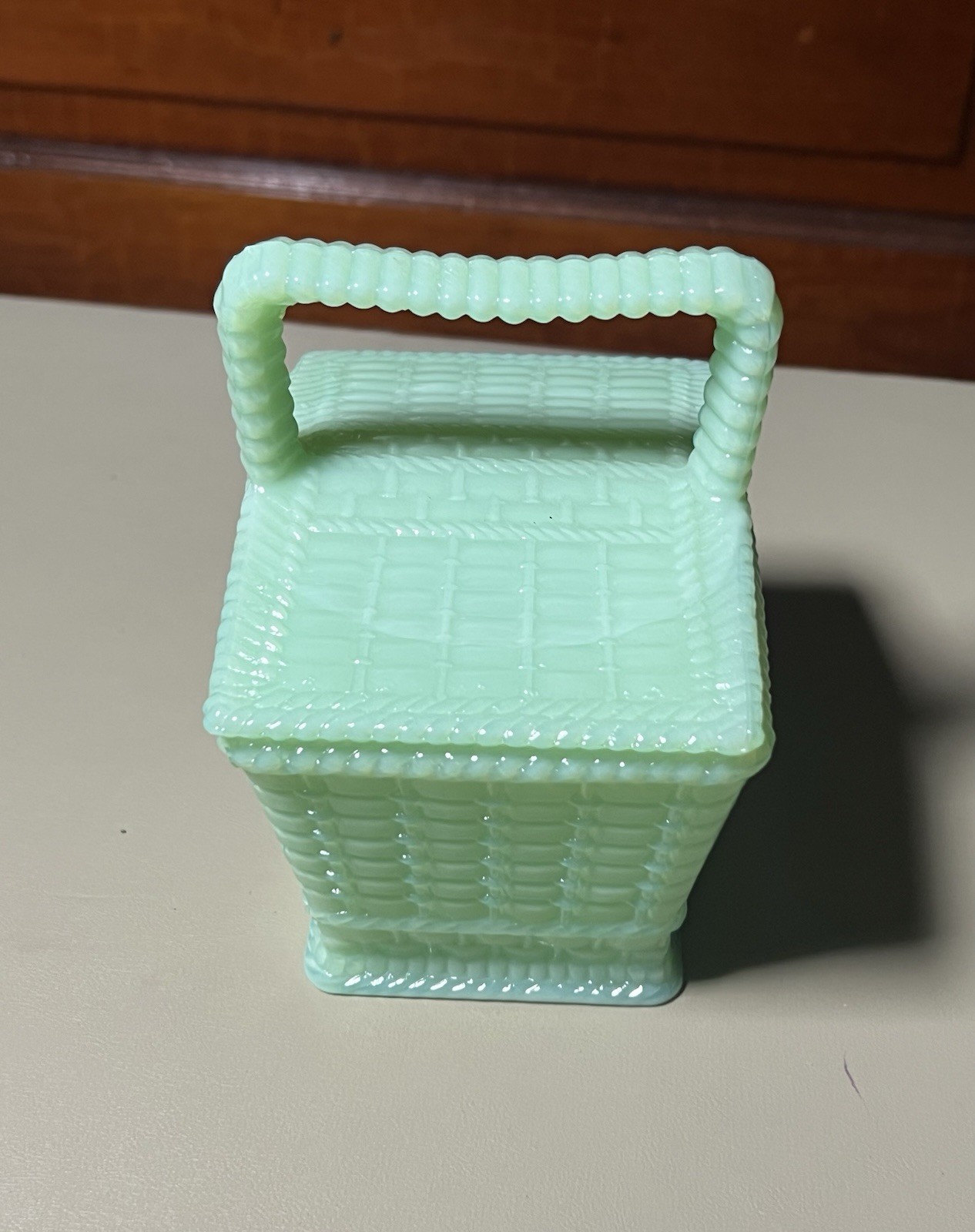 Jadeite, Vintage Westmoreland Green Glass Basket, Picnic Basket, Candy Dish