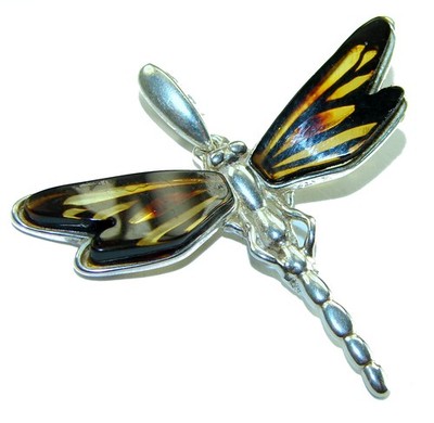 Handmade Dragonfly Baltic Amber Pendant 925 Sterling Silver Brown Gemstone