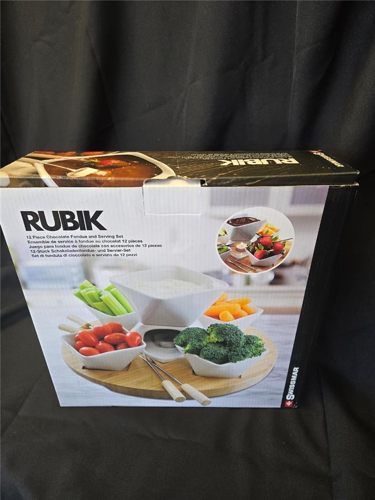 &= Swissmar Rubik 12-Piece Fondue Set Serving White Ceramic Wood Base F66329