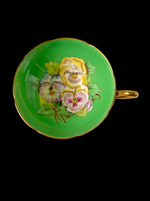Vintage Taylor & Kent English Bone China Teetasse - Grün Stiefmütterchen Floral Gold Vergoldet