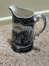 Balmoral Castle 1890s Gator Hall & Co Transferware Pitcher + Scenic Boat Water