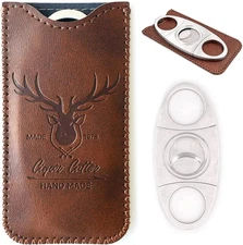 Stainless Steel Cigar Cutter, Double Blade, Leather Case, Brown Deer, Gift Boxed