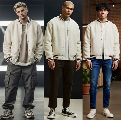 Urban Outfitters Men s Ivory Sherpa Bomber Varsity Jacket XL Vintage Inspired