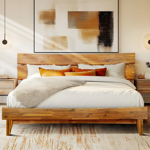 Acacia Aurora King Bed Frame and Headboard Solid Wood Platform Bed, King Bed ...