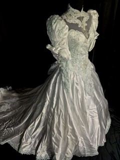Vintage Sky Blue Wedding Gown 1990s Ornate Puff Sleeve Catheral Train Sz S