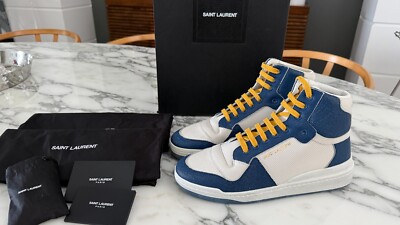 YSL SAINT LAURENT SL24 LEATHER SNEAKERS MID TOP WHITE BLUE SZ 41