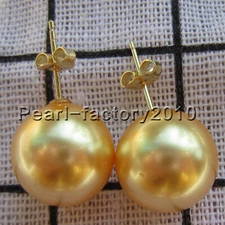 AAA 14mm natural south sea Gold shell pearl earrings 14k