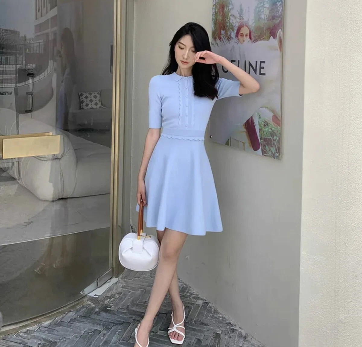 New Ted Baker TILLIII Scallop Bodice Knitted Dress Blue TB 3 8 10