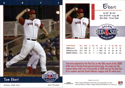 Tom Ebert 2011 Grandstand Salem Red Sox RC Card *AutographDen* FREE SHIP
