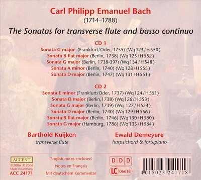 BARTHOLD KUIJKEN C.P.E. BACH: THE SONATAS FOR FLUTE AND B.C. NEW CD