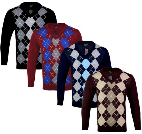 Mens Argyle V Neck Long Sleeve Sweater 